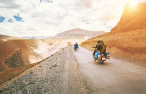 Motorcycle travelers ride in indian Himalaya roads